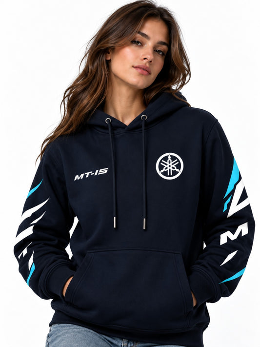 Hoodie Yamaha MT-15 azul oscuro, modelo mujer, vista frontal