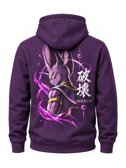 Hoodie morado Beerus vista posterior de producto sin modelo