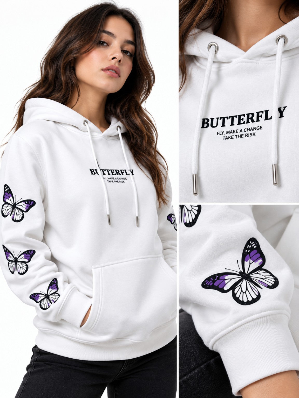 Detalle de estampados en pecho y mangas del hoodie Butterfly blanco