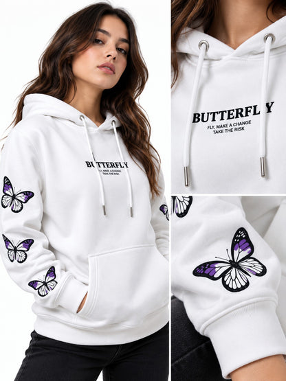 Detalle de estampados en pecho y mangas del hoodie Butterfly blanco