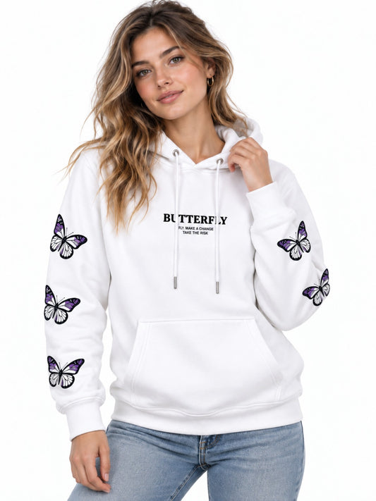 Hoodie Butterfly blanco para dama, vista frontal, mariposas moradas en mangas