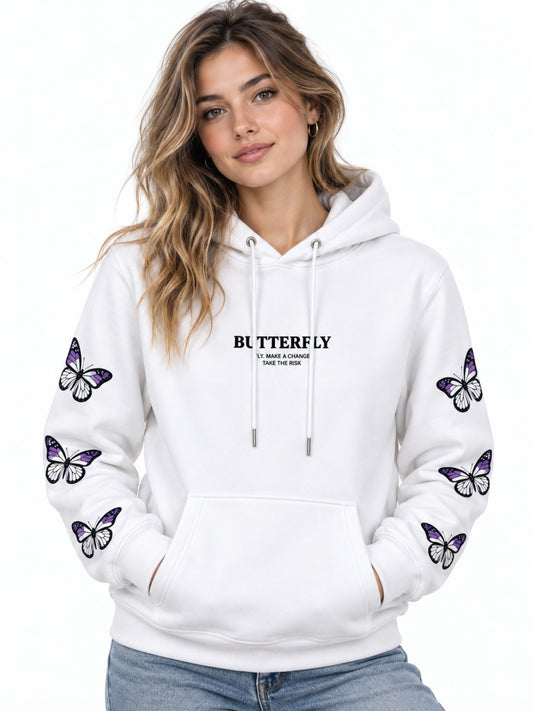 Hoodie Butterfly blanco para dama, frente con estampado de mariposas y texto negro