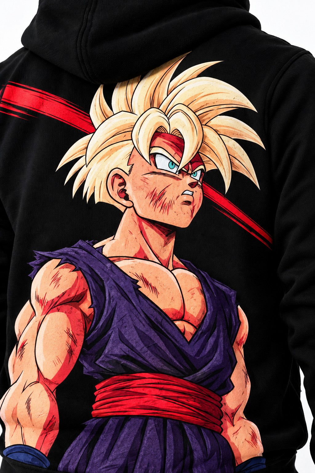 Detalle del estampado grande de Gohan Super Saiyajin en hoodie negro