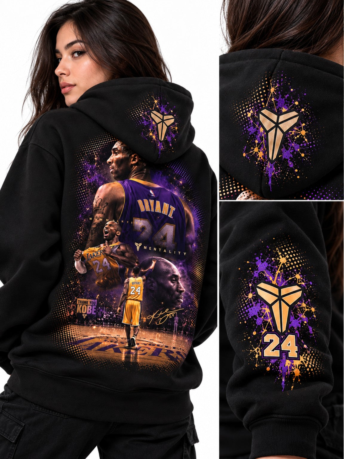 Hoodie negro Kobe Bryant 24 en mujer, detalles de espalda, capota y manga