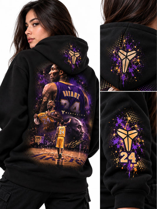 Hoodie negro Kobe Bryant 24 en mujer, detalles de espalda, capota y manga