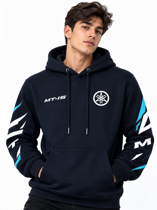 Hoodie Yamaha MT-15 azul oscuro, modelo hombre, vista frontal